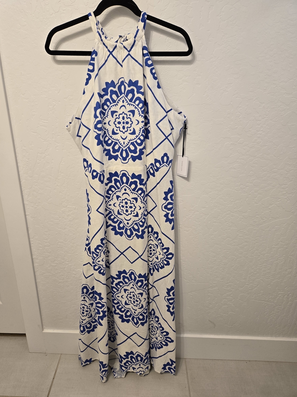 1. State White Dress with Royal Blue Medallion Print